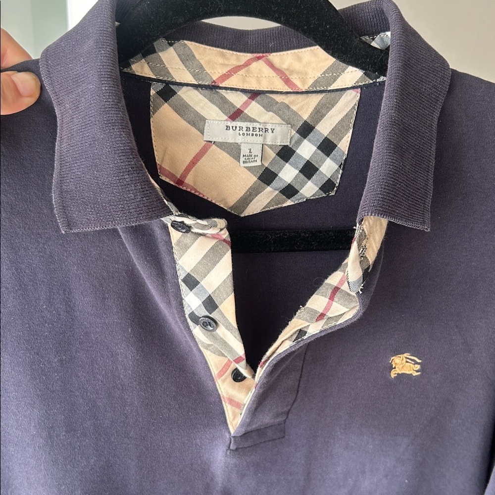 Burberry Men's Polo Shirt in Dark Blue with Check Collar